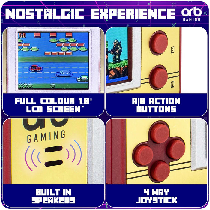 Orb Retro Mini Handheld Console features a 1.8-inch color screen, A/B action buttons, built-in speakers, and 4-way joystick.