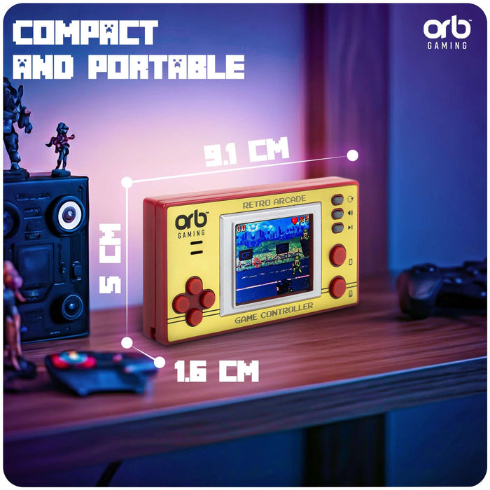 Orb Retro Mini Handheld Games Console on a shelf, showcasing its compact size and vibrant screen.