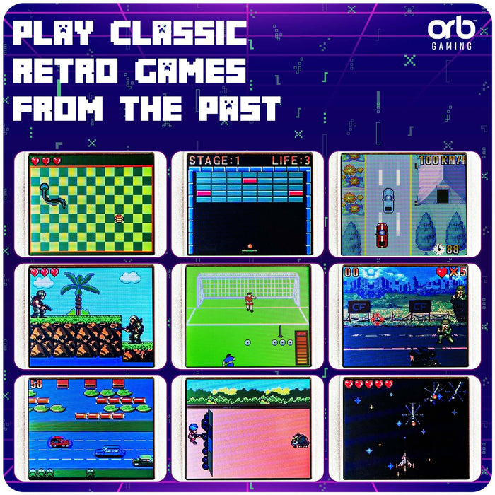Collage of 8-bit retro games showcasing classic gameplay on the Orb Retro Mini Handheld Games Console.
