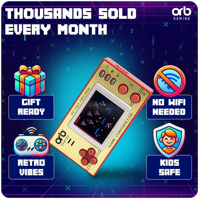 Orb Retro Mini Handheld Games Console showing gameplay, with icons indicating gift-ready, no WiFi, and kids safe features.