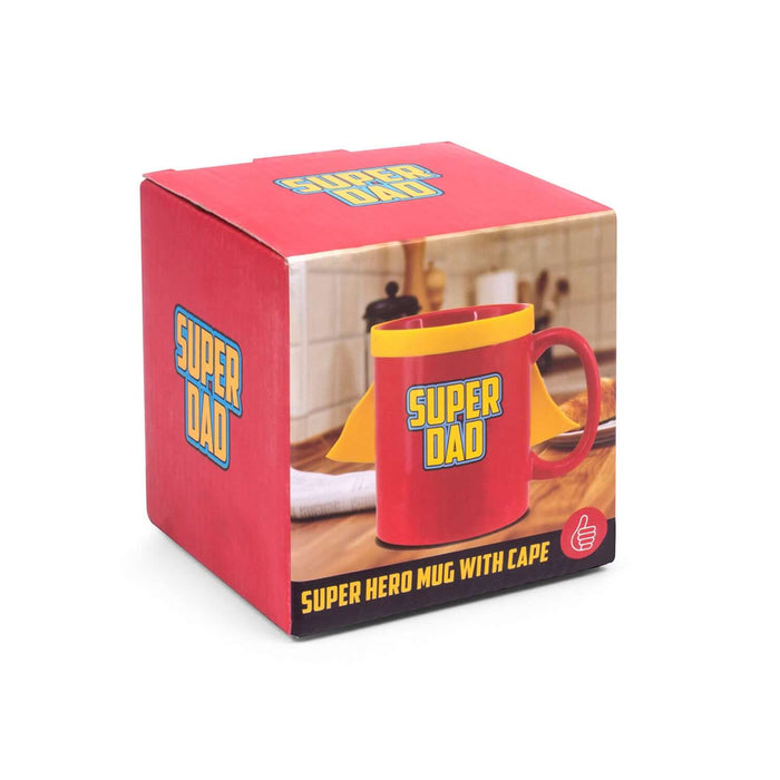 Super Dad Mug in a red box with superhero design and cape, perfect for gifting on special occasions.