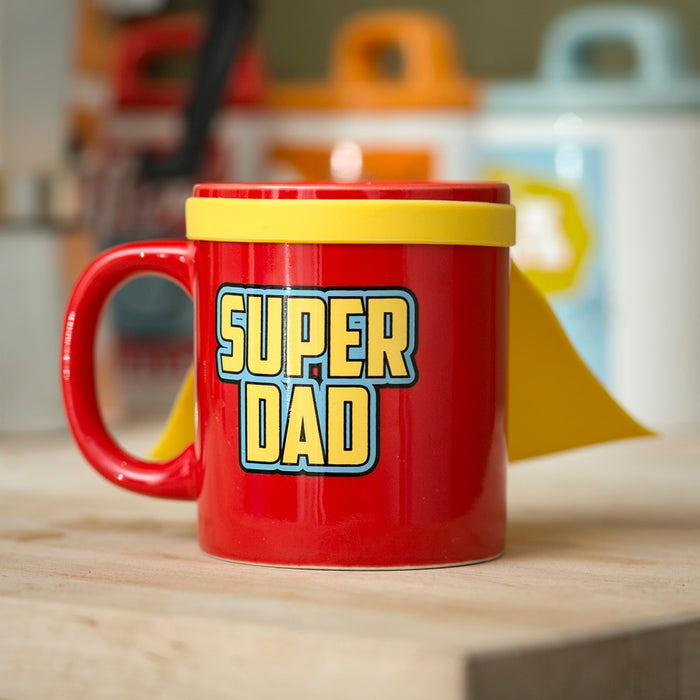 Super Dad Mug with superhero design and yellow cape, perfect for coffee or tea gifts.