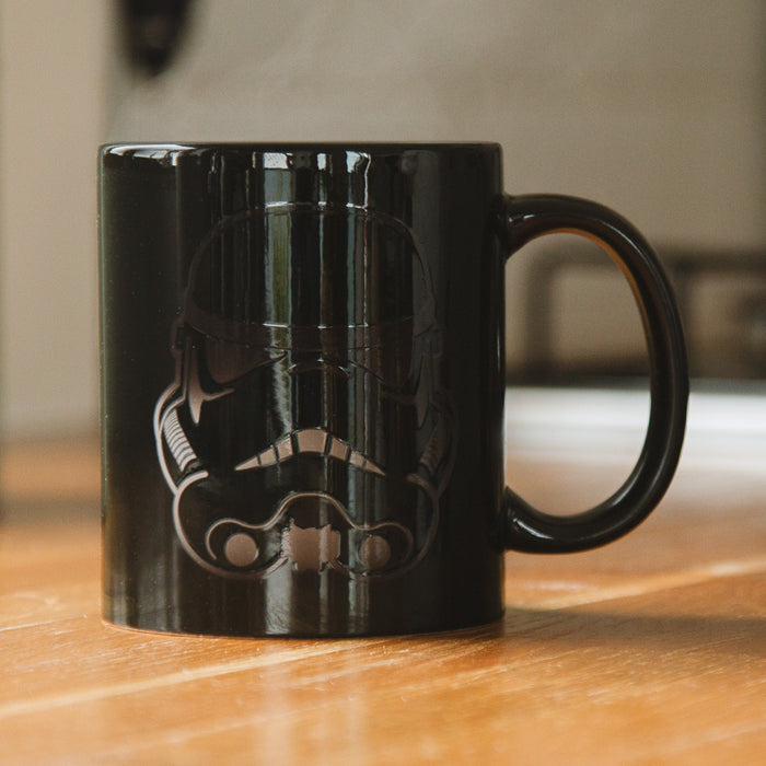 Original Stormtrooper Colour Changing Mug showcasing a black mug with Stormtrooper design, perfect for hot beverages.
