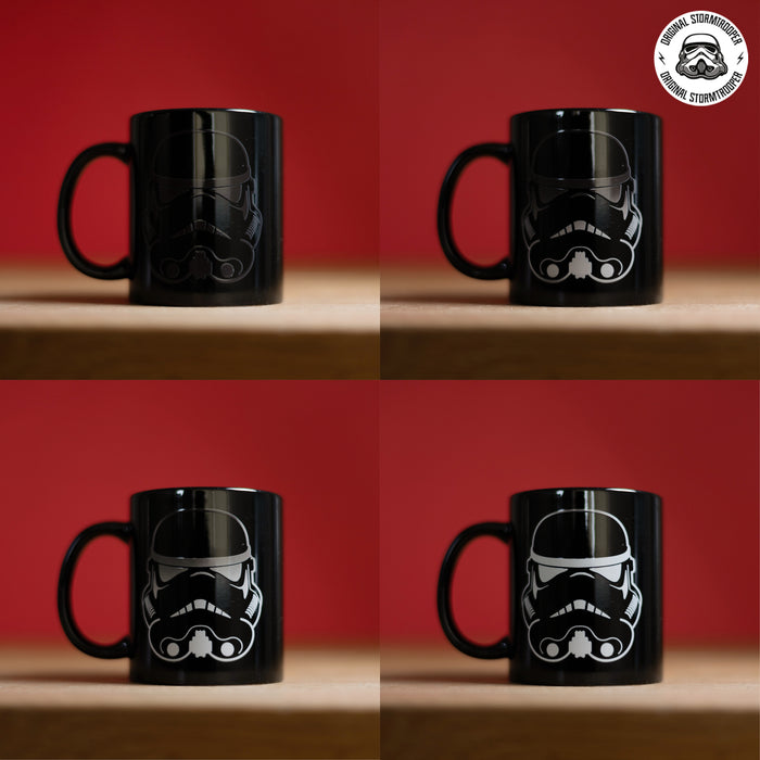 Original Stormtrooper Colour Changing Mug showcasing its iconic design on a black background, perfect for hot drinks.