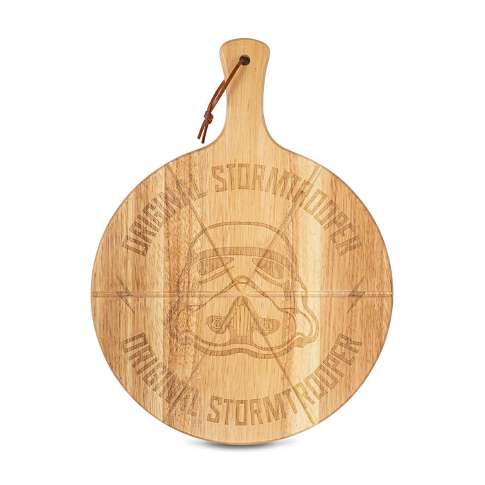Original Stormtrooper Pizza Cutting Board with engraved helmet design, crafted from eco-friendly rubber wood.