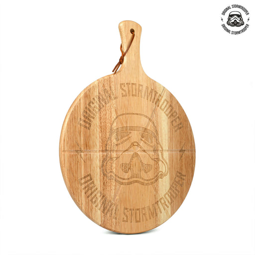 Original Stormtrooper Pizza Cutting Board featuring engraved Stormtrooper helmet design on eco-friendly wood.