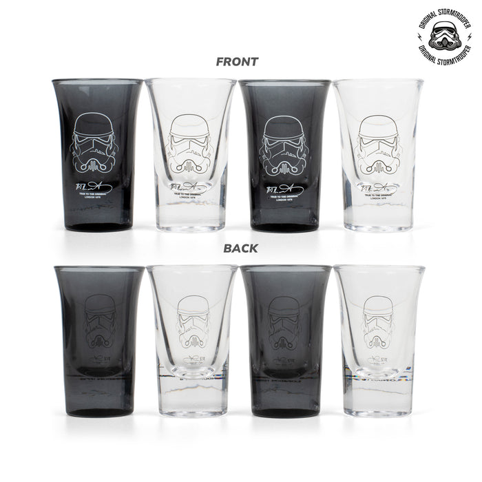 Set of Original Stormtrooper Shot Glasses showcasing front and back designs, perfect for galactic gatherings.