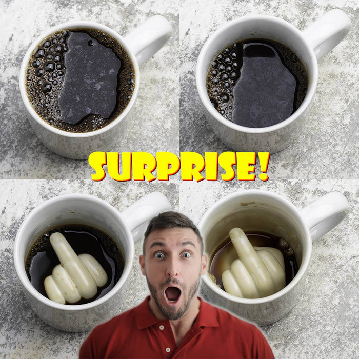 Up Yours 'Prank' Mug with hidden middle finger surprise and surprised man, perfect for humor and gifts.