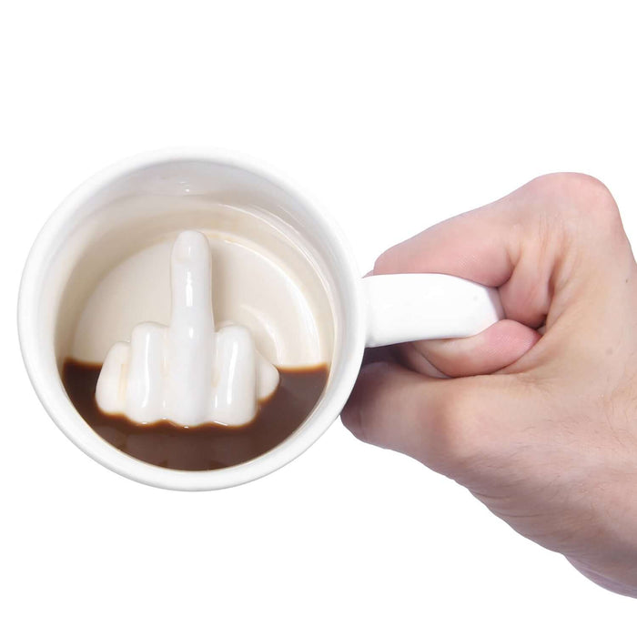 Top view of Up Yours 'Prank' Mug showcasing hidden message in coffee, perfect for humorous gifting.