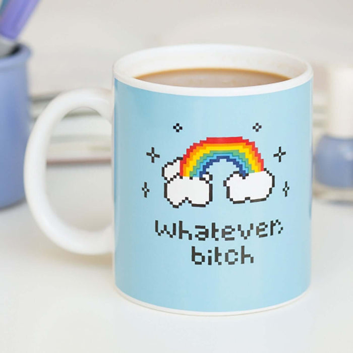 Whatever B*tch Mug with a rainbow and cloud design, perfect for sassy coffee lovers.