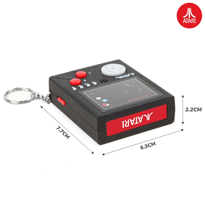 Official Atari handheld console keyring featuring classic game design and 2" LCD screen for portable gaming.