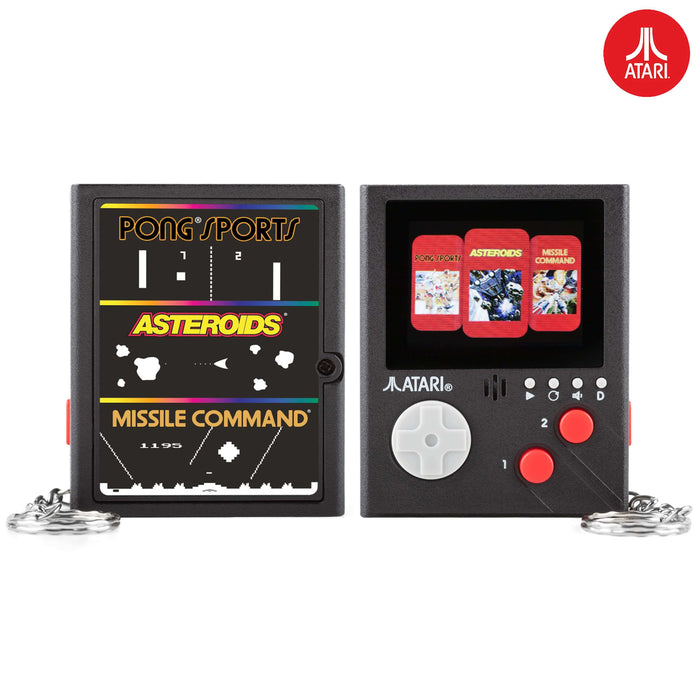 Official Atari handheld console keyring with Pong Sports, Asteroids, and Missile Command games on a color LCD screen.