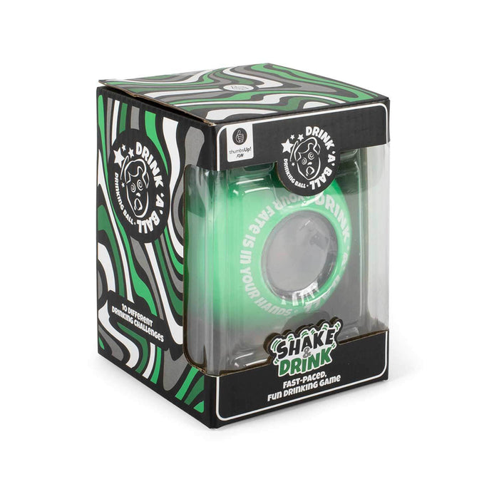 Magic 8 Ball (Drink-a-Ball) fast-paced drinking game in green package with fun design.