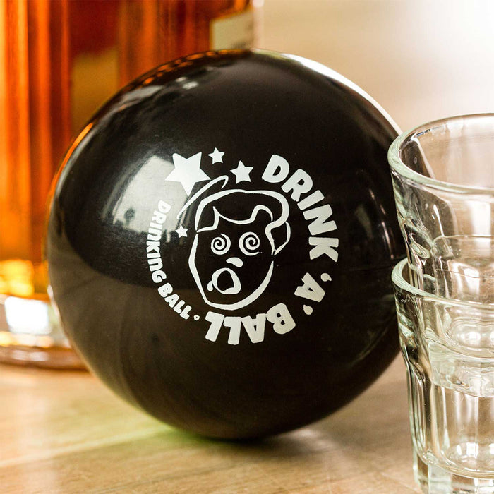 Magic 8 Ball (Drink-a-Ball) with funny face design and shot glasses, perfect for party drinking games.