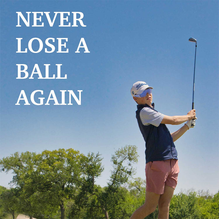 Golfer swinging a club with the message "Never Lose a Ball Again" promoting Golf Ball Finder Glasses (Classic Edition).