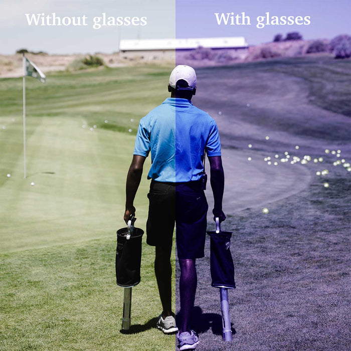 Comparison of a golfer's view with and without Sport Edition Golf Ball Finder Glasses, highlighting ball visibility.