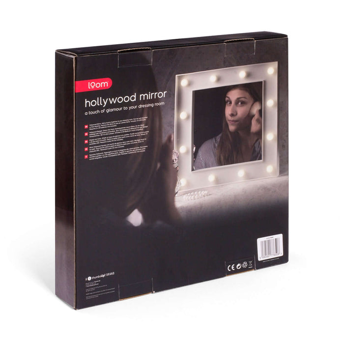 Hollywood Mirror packaging featuring a glamorous design and a reflection of a woman applying makeup.
