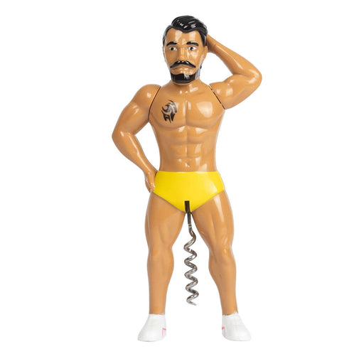 Mr. Lovin’ Cork Screw wine opener with quirky, muscular design and yellow shorts, perfect for wine enthusiasts and party hosts.