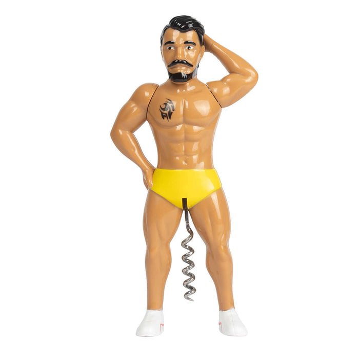 Mr. Lovinโ Cork Screw wine opener with quirky, muscular design and yellow shorts, perfect for wine enthusiasts and party hosts.