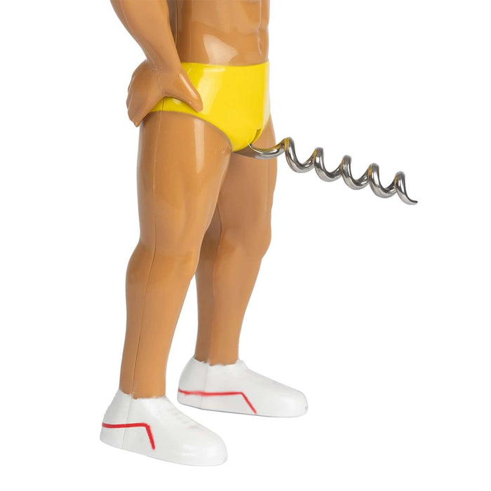 Mr. Lovin' Cork Screw in yellow shorts and sneakers, showcasing its unique design for stylish wine opening.