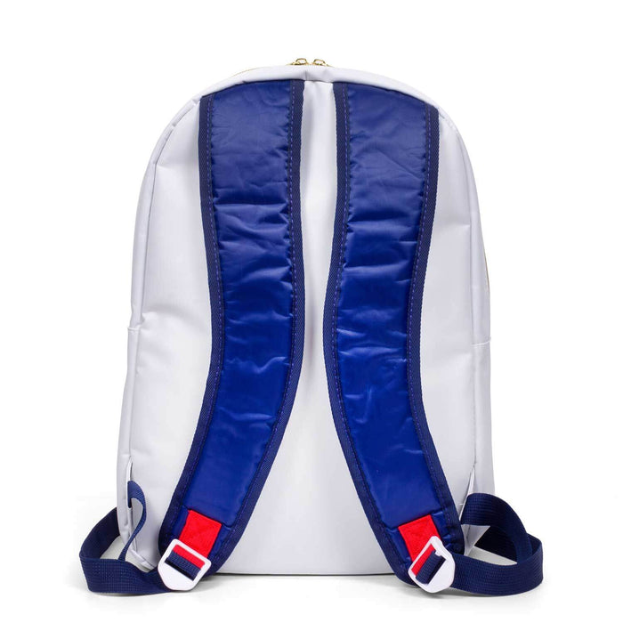 NASA Backpack with a sleek white design and blue straps, featuring an organized storage layout.