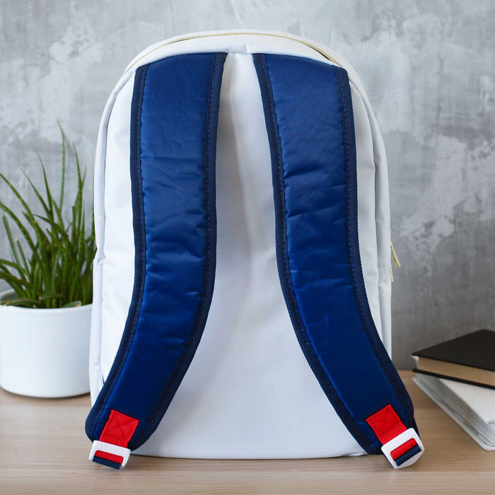 Back view of a stylish NASA Backpack with blue straps against a modern gray background.