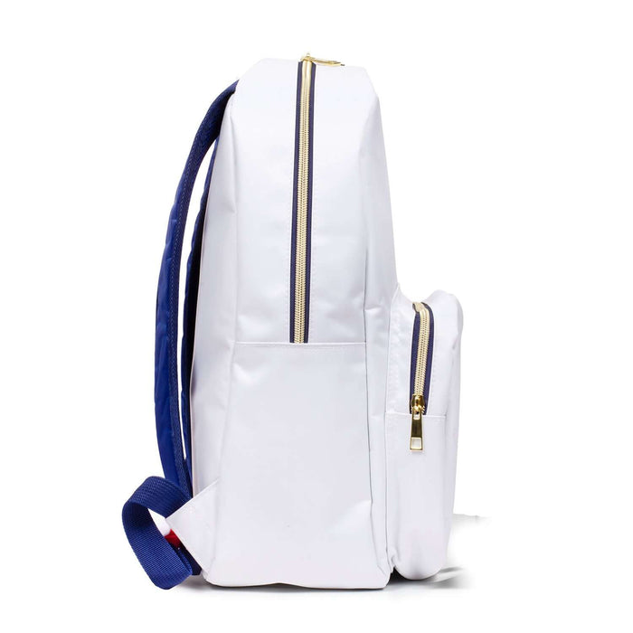 Side view of sleek NASA Backpack in white with gold zip accents and blue straps, showcasing modern design and organized storage.