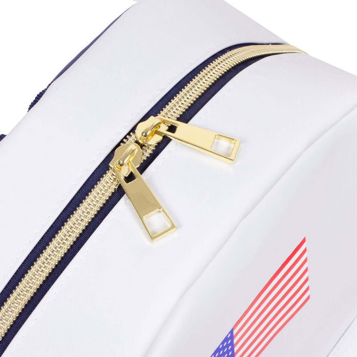 Close-up of NASA Backpack showing gold zipper accents and American flag detail.
