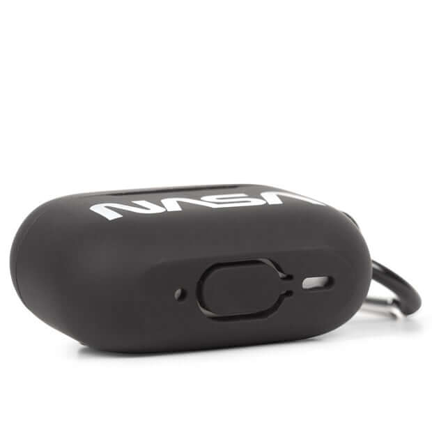 NASA Airpods Pro case in sleek black with retro logo and carabiner for secure attachment.