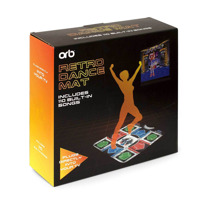 Orb Retro Arcade Dance Mat box with silhouette dancer, 110 built-in songs, and plug and play TV connection.
