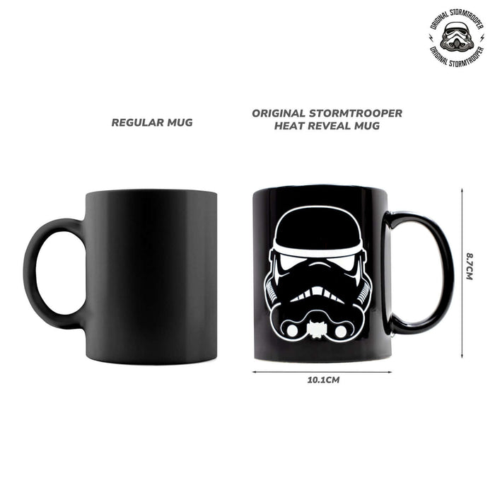 Comparison of Original Stormtrooper Colour Changing Mug and regular mug, showcasing heat reveal feature.