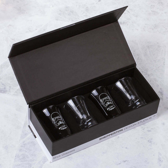 Original Stormtrooper Shot Glasses set displayed in a sleek black box, featuring four detailed glass designs.