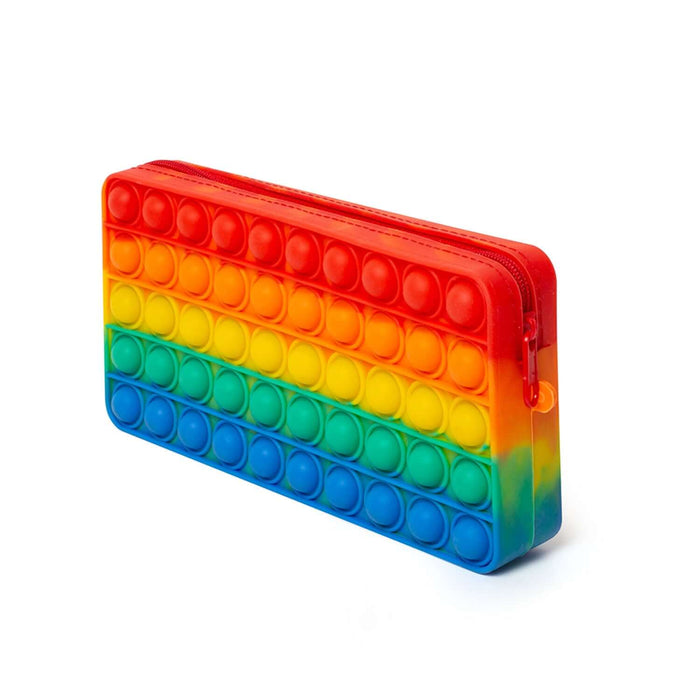 Colorful Poppit Pencil Case featuring a rainbow design with popping bubbles for stress relief and stationery organization.