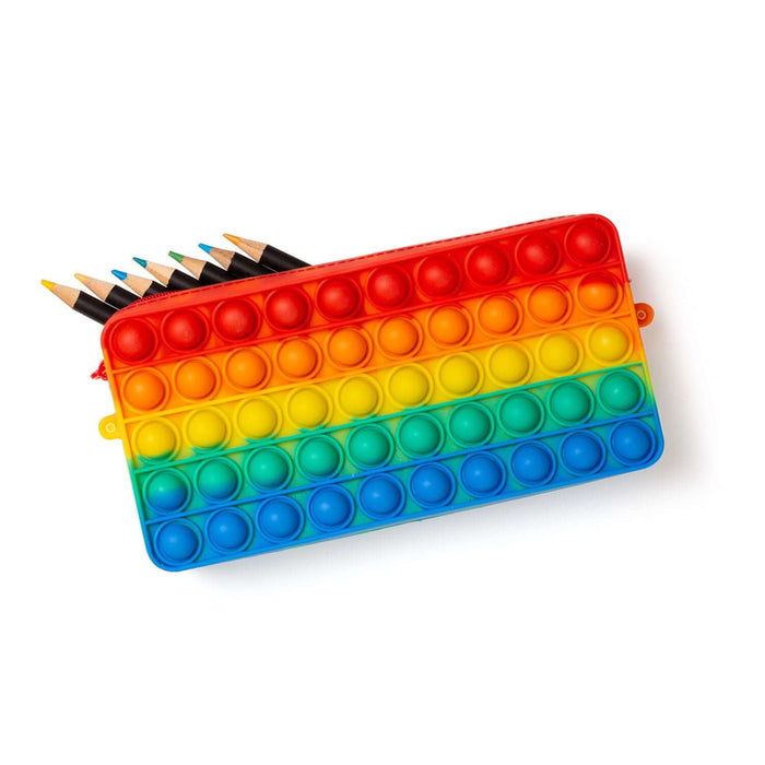 Colorful Poppit Pencil Case with rainbow design and pencils, offering fun popping action and stress relief for students and professionals.