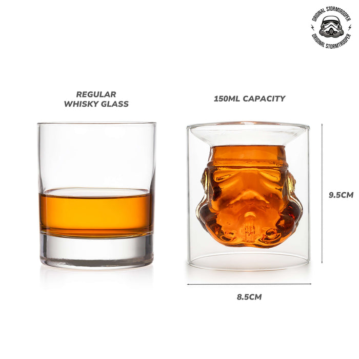 Comparison between a regular whisky glass and the Original Stormtrooper 3D Inverted Whiskey Glass with a 150ml capacity.
