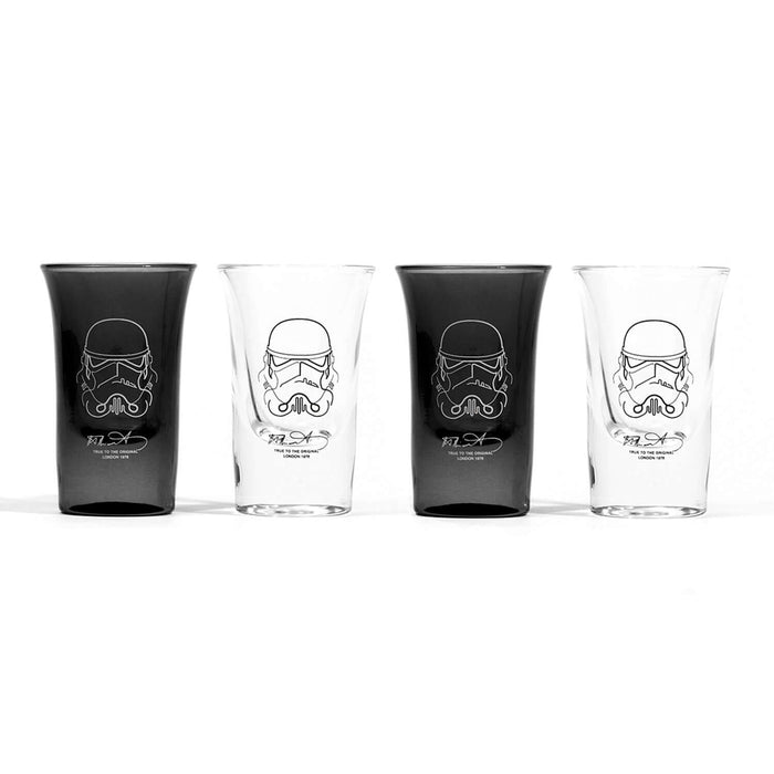 Set of four Original Stormtrooper Shot Glasses in black and clear, featuring authentic designs by Andrew Ainsworth.