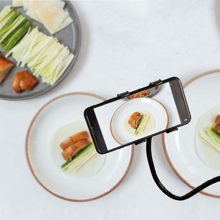 Smartphone held by Lazy Arm Smartphone Holder capturing a photo of plated food on a table