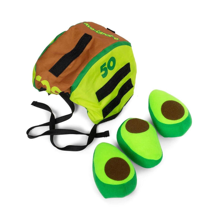 Avo-Catch-O Head Smash Game set featuring a scoring hat and three soft avocado balls for family fun.