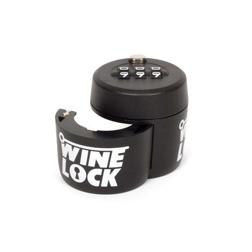 Black Wine Bottle Lock with 4-digit pin code for secure wine protection, showing open design and bold Wine Lock logo.