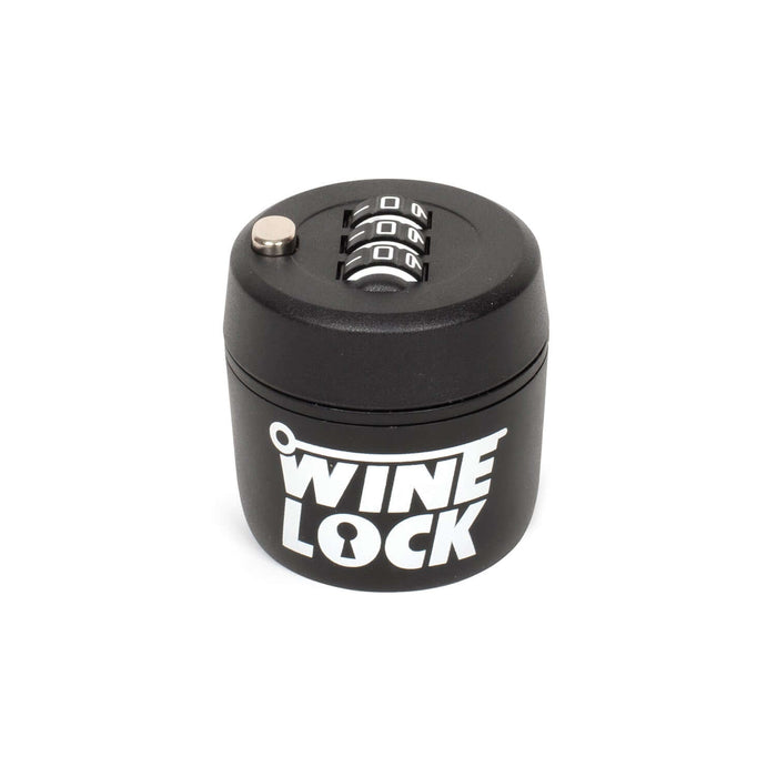 Black wine bottle lock with 4-digit code for secure wine protection and personalized security. Ideal gift for wine enthusiasts.