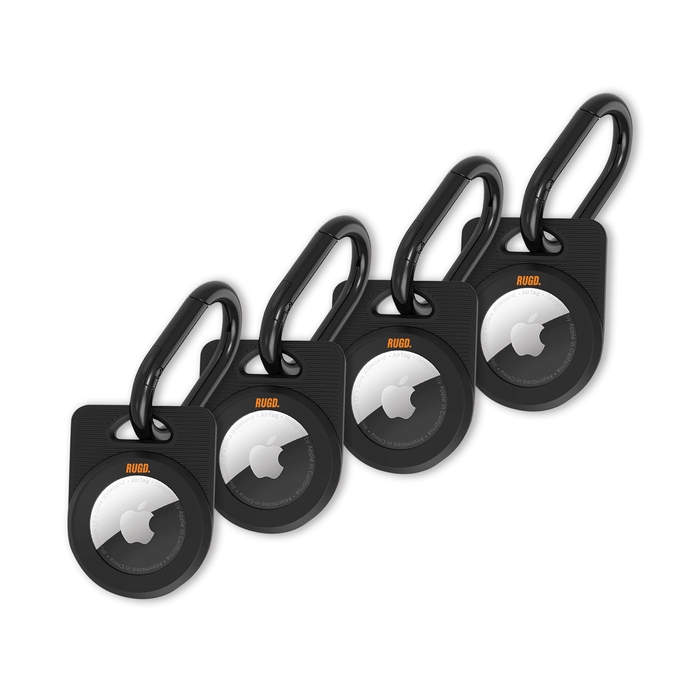 RUGD. Army Air Tag Case pack of 4 for Apple AirTag, featuring durable design and carabiner clips for secure attachment.