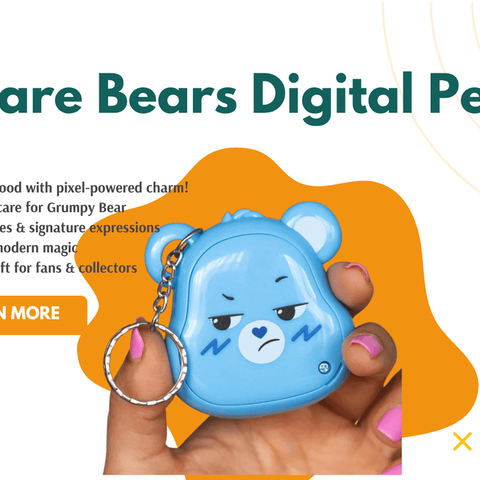 Grumpy Bear Digital Pet keychain with pixel art, held by a hand, showcasing its cute moody design.