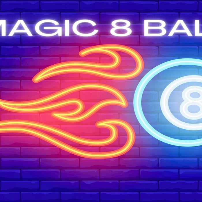 Neon sign displaying Magic 8 Ball text with flaming eight ball design on a brick wall