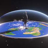 Artistic illustration of a flat Earth model with a transparent dome and a person standing on the surface