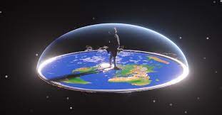 Artistic illustration of a flat Earth model with a transparent dome and a person standing on the surface