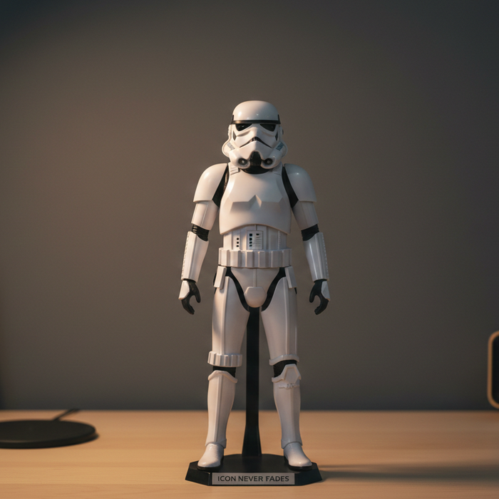 Stormtrooper collectible figure displayed on modern desk setup showing timeless licensed gift appeal