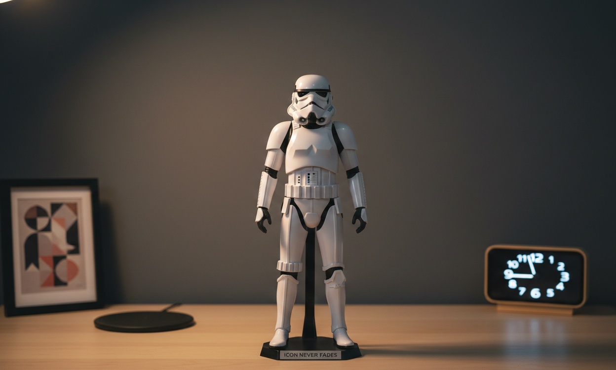 Stormtrooper collectible figure displayed on modern desk setup showing timeless licensed gift appeal
