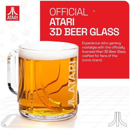 Official Atari 3D Beer Glass featuring retro design, 1 pint capacity for beer and beverages.