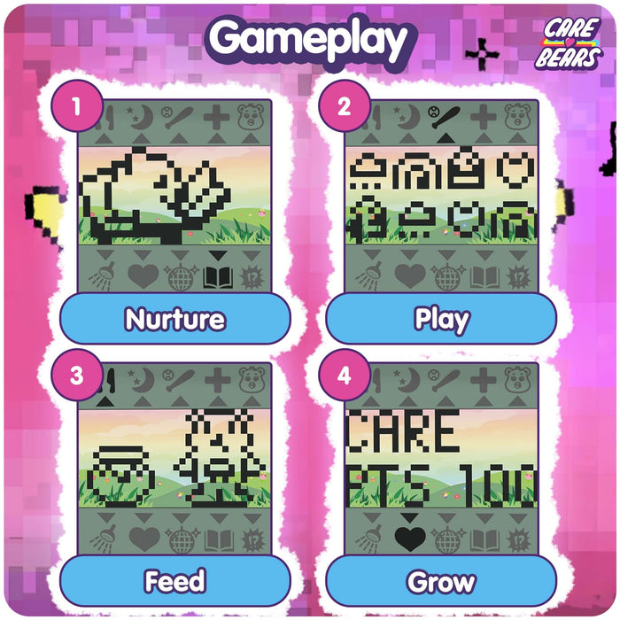 Gameplay of Care Bears Digital Pet featuring nurturing, feeding, and playful challenges for Cheer Bear.