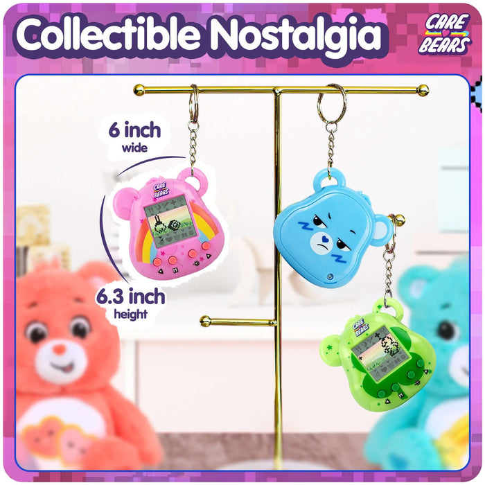 Colorful Care Bears digital pets on display; collectible toys for nostalgia lovers, featuring Cheer Bear and friends.